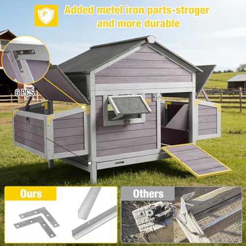 Large Chicken Coop for 2-4 Hens, Outdoor Wooden Hen House with 4 Nesting Boxes, Weatherproof Asphalt Roof, Dual Ramp Doors, Pull-Out Tray - color: Grey, size: 67.2"L x 36.8"W x 40.6"H