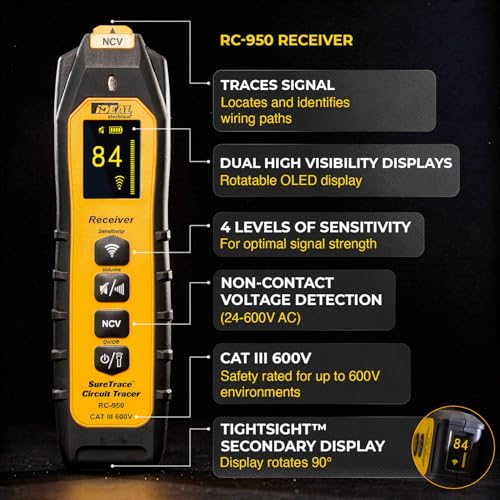 Ideal Electrical SureTrace Pro Circuit Tracer (61-950), 0-600 Volts | Non-contact voltage tester, continuity test, receptacle testing, measures AC amperage to 600A, find breakers, faults, & more