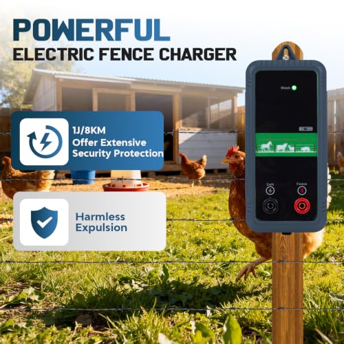 5Miles/ 8KM Electric Fence Charger, 1J Energy Output 10KV Voltage, AC DC Electric Fence Charger for Preventing Wild Animals Intruding Great for Gardens, Poultry, ‌Front Yard