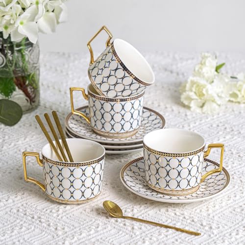 4Pcs White Gold Bone China 7oz Cup Saucer, British Coffee Tea set | Elegant Coffee & Tea Set with Exquisite Gifts Box, Ideal for Women and Adults Afternoon Tea Party - color: White Gold
