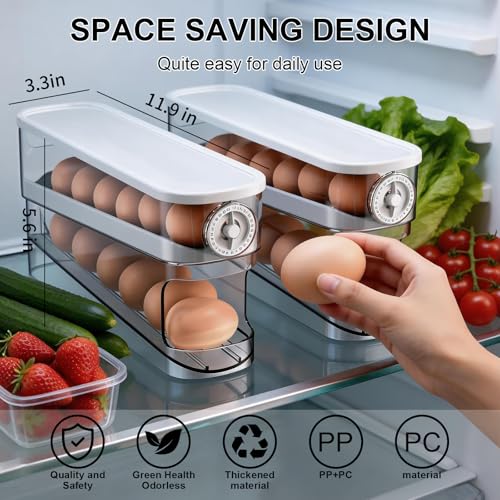 Auto Rolling Egg Holder for Fridge, Egg Dispenser/Organizer/Storage/Container with Lid & Date Timer for Refrigerator, Sturdy and Durable Space-Saving Egg Tray for 12 Large Eggs - size: 1pcs With Timer