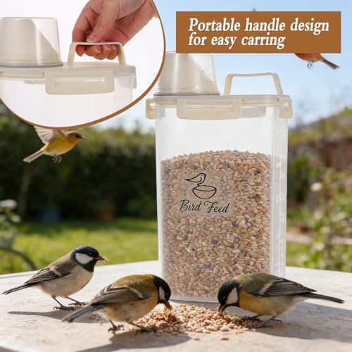 3.17 Qt/3 L Bird Seed Storage Container Airtight- Portable Bird Food Container with Airtight Measuring Cup, Clear Pet Parrot Seed Dispenser for Birds Food Chicken Feed Storage, Beige Lid