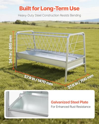 VEVOR Livestock Hay Feeder, 2 in 1 Grain & Hay Feeder, 80-Gallon Capacity, 57.9" Long Goat Pasture Feeding with Deeper Feeding Pan, Heavy Duty Steel Grain Holder for Sheep Sheds, Farms, Horse Barns - size: 57.9 x 27.6 x 34.1 in