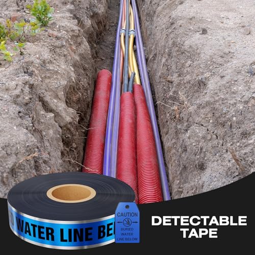 1000 Feet Caution Water Line Below Blue/Black Print Safety Tape with Above-Ground Caution Tag, 2 Inch x Foot 5 Mil, Detectable 2-Inch - style: Caution Buried Water Line