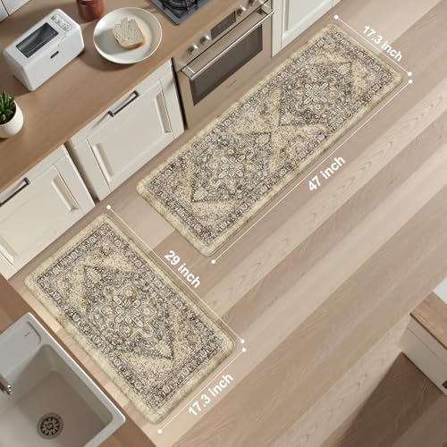 KIMODE Anti Fatigue Kitchen Mat, Boho Distressed Kitchen Rugs Sets of 2 | Kitchen Floor Mats Non Slip Cushioned, Waterproof Standing Mat for Laundry, Office, Sink, Desk, Brown 17"x47"+17"x29" - color: Boho Brown/Multi, size: 17.3" x 47"+17.3" x 29"--0.47