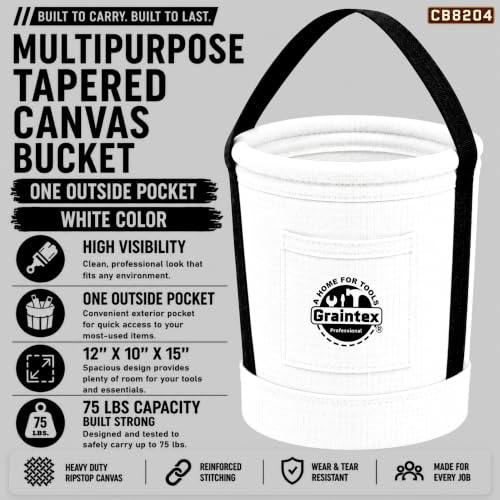 Graintex Tapered Canvas Bucket 12"x10"x15", Utility Tool Bucket One Inside Pocket, Reinforced Base & Carry Handle, Ripstop Canvas (White) - color: White