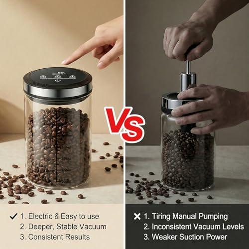 Vacuum Coffee Canister, 1.6L Large Capacity Airtight Coffee Container with Graduated Scale and Vacuum Duration Display. Features Transparent Borosilicate Glass Construction - size: 1.6L