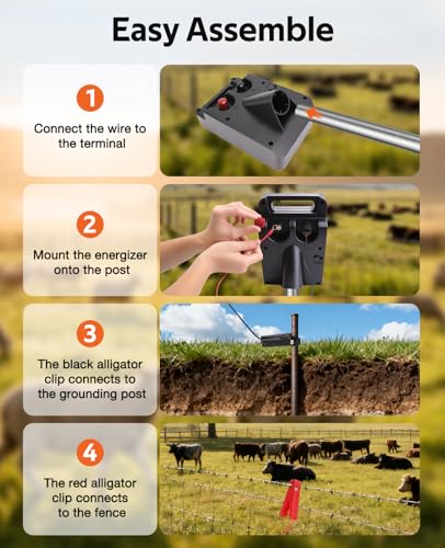 Solar Electric Fence Charger 10 Miles, 0.20J Solar Powered Fence Energizer with Rechargeable 10400mAh Battery, Portable Electric Fence Kit for Livestock, Chicken, Garden Protection, Auto Day/Night