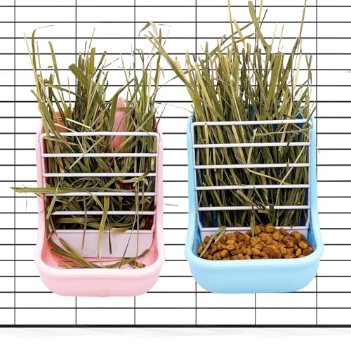 Hamiledyi 2PCS Rabbit Hay Feeders Rack 2 in 1 Feeder Bowls Double Bunny Feed Holder Grass Food Supplies for Chinchillas Guinea Pig Hamsters (Pink+Blue) - color: Blue&Pink