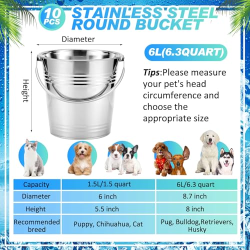 Hicarer 10 Pcs Dog Stainless Steel Bucket Heavy Duty Water Bucket for Dogs Metal Bucket with Handle Small Metal Pail for Pet Cat Puppy Food and Water Storage Milking Goats Small Animals (6.3 Quart)