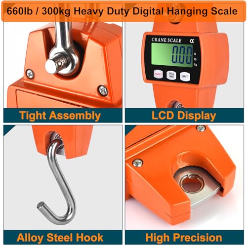 660lb Digital Hanging Scale, 300kg Heavy Duty Handheld Crane Scale with Backlit LCD, Portable Cast Aluminum Case & Hooks - Multi-Function for Farm, Hunting, Fishing, Logistics (kg/lb/N Switchable)