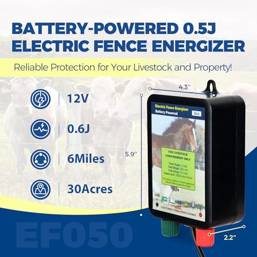 EF050 0.6 Joule Battery-Powered Electric Fence Energizer, 15miles/50acres Electric Fence for Dogs, High Power Low-Impedance Electric Fence for Secure Your Area with Confidence