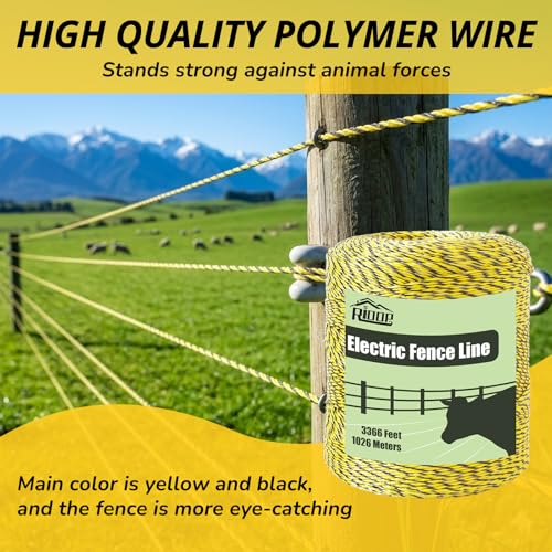 RIOOP Electric Fence Wire Polywire 3366 Feet/1026Meters | Portable Livestock Fencing, 6 Stainless Steel Strands for Reliable Conductivity, Rust Resistance, UV Resistant - size: 3366 Feet/1026Meters