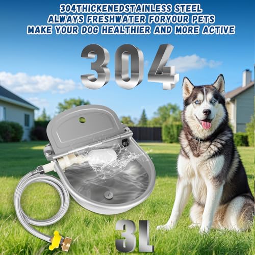 Automatic Water Dispenser for Dogs, 304 Steel Float Valve Pet Water Bowl | Self-Filling, Wall Mounted, 2.5L Capacity, Drain Plug for Easy Clean, for Large Dogs Chickens Horses, Yard Farm Outdoor Use