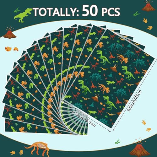 Resurhang 50 Pcs Dinosaur Party Favor Bags Bulk 6.5 x 9.8 Inch Plastic Dino Goodie Treat Gift Bags Funny Candy Cookie Totes for Dinosaur Birthday Party Decorations Supplies Wrap - style: Dinosaur