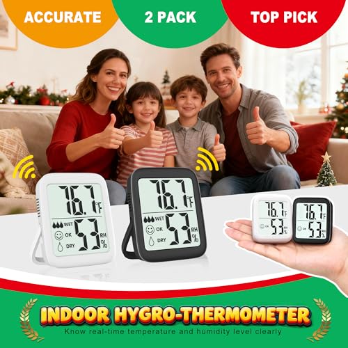 Antonki 2 Pack Room Thermometer Indoor Hygrometer | Monitor Temperature & Humidity, Accurate, Fast Read, Easy To View, Magnetic/Kickstand/Hanging, ℉/℃, w/ Battery, Compact - color: 2 Pcs* Black & White