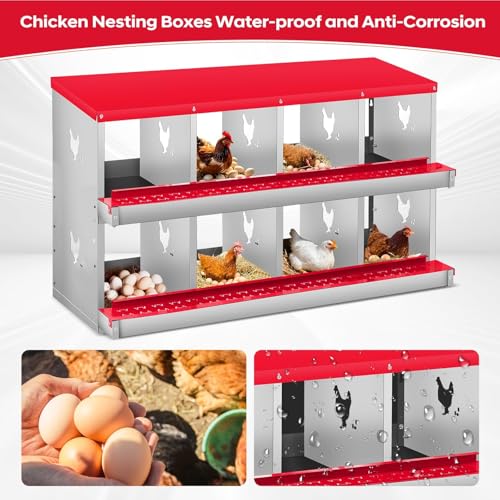 8-Compartment Chicken Nesting Box, Heavy Duty Galvanized Steel Poultry Nest Box, Wall Mount/Freestanding Design for Hens, Ducks, Backyard Homesteads & Farm Use, Red, 10 Mats &4 Eggs, No Stand - color: Red, size: 8 Room&Mat eggs