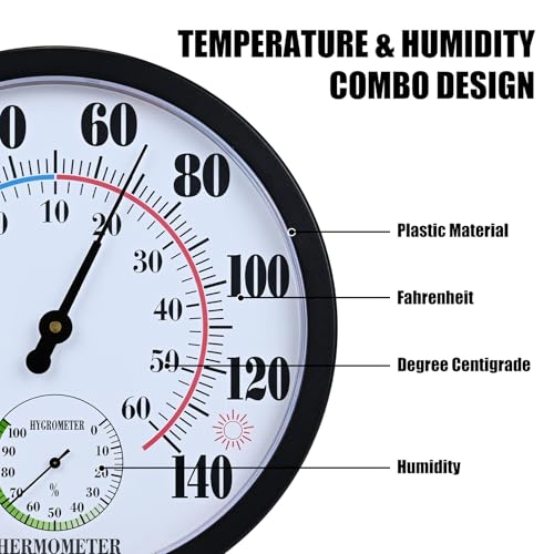 10 Inch Indoor Outdoor Thermometer Hygrometer Combo | Large Dial Analog Temperature Humidity Gauge, Wall Mount Weather Thermometer for Home Patio Greenhouse Garage Room - color: Black