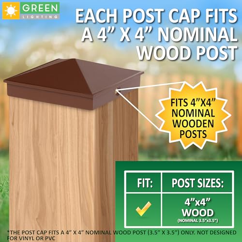 GreenLighting 4x4 Aluminum Pyramid Post Cap Cover (Brown 12 Pack) Fits 4x4 Nominal Wood (True 3.5 x 3.5) Powder Coated Matte Outdoor Caps Cover, Fence, Decking, Waterproof - color: Brown 4x4, size: 12 Pack