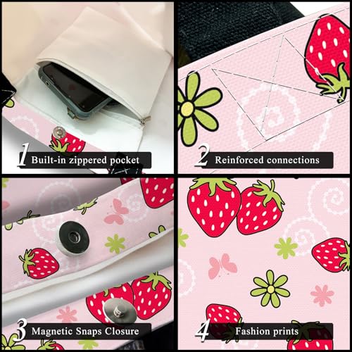 Canvas Tote Bag for Women，Cute Heavy-Duty Shoulder Bag with Zipper Pocket -Travel Tote for Grocery, Gym,Shopping - color: Cute Strawberry