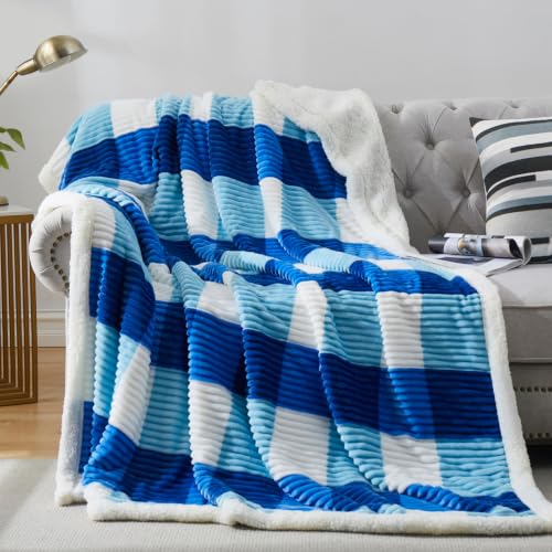 PU MEI Sherpa Blanket Twin Plaid Thick Bed Blanket, 90”*80” Super Soft Flannel Fuzzy Fleece Reversible Velvet Plush Warm Blanket for Couch(Blue Check, 80"*90") - color: Blue Check, size: 80"*90"