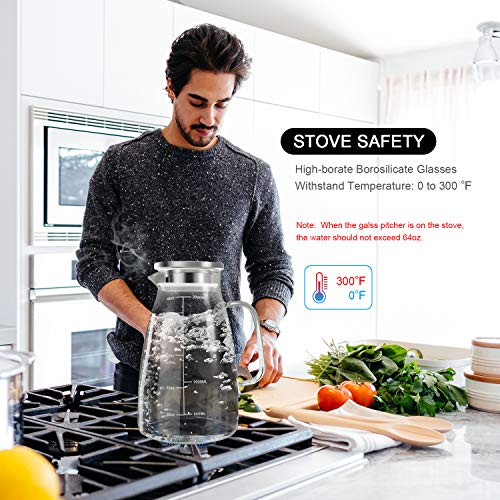 Aofmee Glass Pitcher with Lid and Handle, Glass Water Pitchers, 2 Liter | Thickened Borosilicate Glass Iced Tea Pitcher, Drip-free Spout, Heat Resistant, Stovetop Dishwasher Safe Jug Jar - size: 68oz