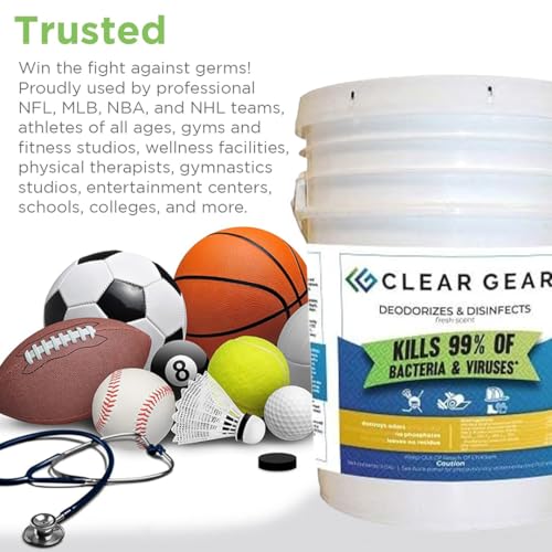 Clear Gear Disinfectant, Mat Cleaner, and Deodorizer For Surfaces 5 Gallon | Equipment, Protective Gear and Facilities, Hospital Grade Disinfectant, 5 Gallon Bulk Gym Cleaning Supplies - size: 640 Fl Oz (Pack of 1)