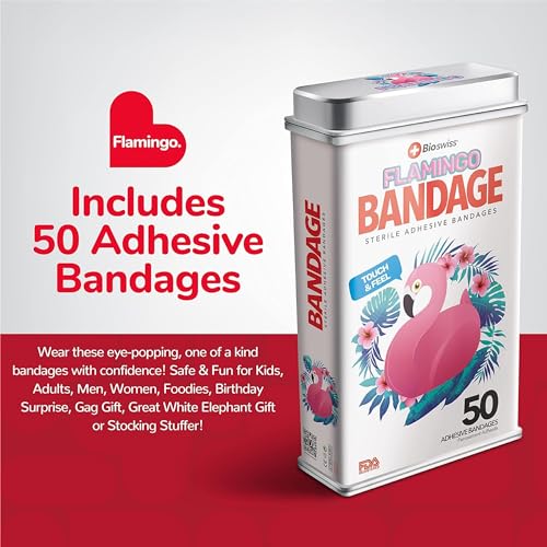 BioSwiss Bandages, Flamingo Shaped Self Adhesive Bandage Set, Latex Free, Sterile Wound Care, 50 Count - size: 50-Count Tin, style: Flamingo