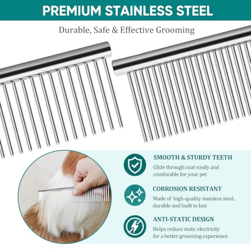 Dog Comb for Grooming, Metal Pet Comb for Cats & Dogs | 3-Pack Stainless Steel Dog Comb for Matted Hair, Grooming Tool for Removing Knots for Long & Short Haired Pet - 7.4 IN
