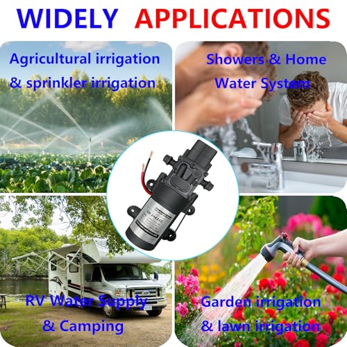DC 12V Diaphragm Pump, Self-Priming Sprayer Pump, 1.2 GPM 87 PSI Pressure Switch Adjustable water pump, With 2 hose clamps, for RV Camping Shower Garden Irrigation