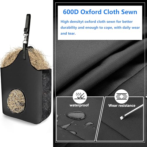 2 Pcs Hay Bag Hanging Goat Feeder Tote with Adjustable Strap | Premium Oxford Cloth with metal ring,Breathable mesh sides,for Horses Donkeys Cows Alpacas Ostriches & Other Animals,Black - color: black-2