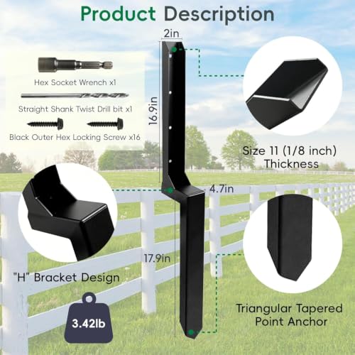 4 Pack Strong Fence Post Repair Kits with One-Piece Steel Anchor & Stakes | Easy to Install - Quick Fix Broken/Leaning Wood Posts Support, Heavy Duty Double-Layer Thickened Fence Post Anchors - color: Black