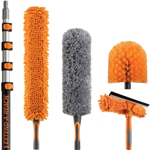 24 Foot High Reach Duster Kit with 5-18 ft Extension Pole for Cleaning | High Ceiling Dusting & Window Cleaning Kit with Telescopic Pole, Window Washer Squeegee, Cobweb Duster, Fan & Feather Dusters - size: 18 feet