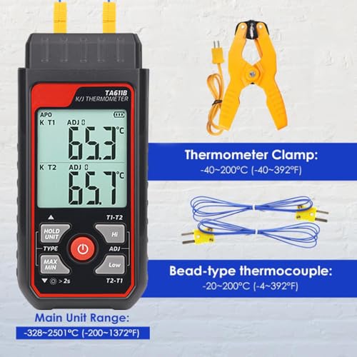 Thermocouple Thermometer, Digital Dual-Channel Thermometer(-328°F ~ 2501°F) with 1 HVAC Temperature Clamp and 2 Wired Thermocouple Probes, HVAC Temperature Meter with ADJ Compensation for K/J Type