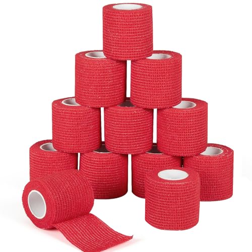 12Pcs 2”x 5 Yards Self Adhesive Bandage Wrap Elastic Bandage Wrap Self Adherent Cohesive Wrap Bandages for Wrist Ankle Vet Tape for Dogs Athletic Swelling Sprains Tape Grip Cover (Red) | Self Adherent Cohesive Wrap Bandages for Wrist Ankle Vet Tape for Do