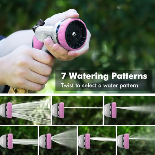 RESTMO Garden Hose Nozzle, Heavy Duty Metal Water Hose Nozzle with 7 Adjustable Spray Patterns, High Pressure Hand Sprayer with Flow Control, Best for Watering Plant & Lawn, Washing Car & Pet, Pink - color: Pink