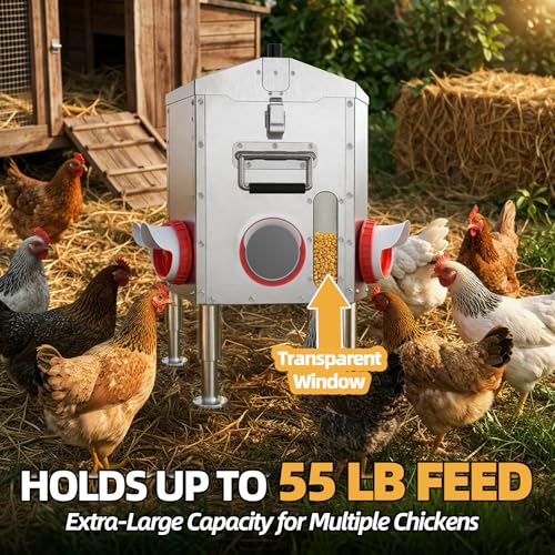 Large Automatic Chicken Feeder, 55 lb Capacity, 8 Feeding Ports, Upgraded Stainless Steel Poultry Feeder, No-Waste Design, Adjustable Legs & Lockable Lid for Coop, Ducks & Turkeys