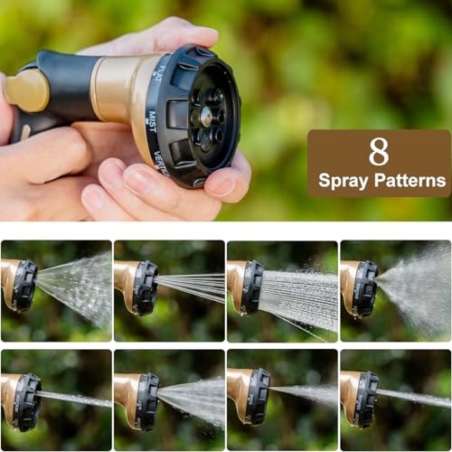 FANHAO Heavy Duty Garden Hose Nozzle, Metal Hose Sprayer Easy Thumb Control | 8 Spray Patterns, Rustproof Water Nozzle, Non-Slip Ergonomic Grip, Elder & Child Friendly for Garden, Car & Pet, Khaki - color: Khaki