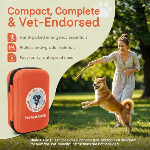Dr Brahmsy’s Pet First Aid Kit for Dogs and Cats - Vet-Approved Essential Survival and Emergency Supplies for Home, Travel, Camping, Hiking - Packed in a Portable Waterproof Pouch - 45-Piece Set