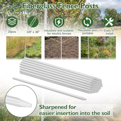 20 Pcs Fiberglass Fence Posts 3/8" x 36" White Fiberglass Rods Garden Stakes Fencing for Plants Tree Stakes DIY Projects Crafts Livestock Containment Temporary Electric Fence - size: 3/8" X 36"