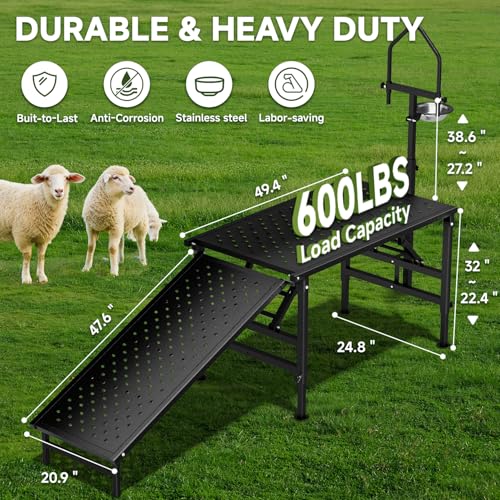 Professional Goat Milking Stand with Ramp, 600LBS Heavy Duty Foldable Livestock Trimming Platform, Metal Grooming Stand with Adjustable Headpiece & Stainless Steel Feeder for Nubian & Dwarf Goats - color: Black with Ramp
