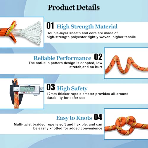 1/2 in x 100 ft Double Braid Arborist Rigging Rope, 48 Strands Polyester Bull Rope for Tree Work, Climbing, Pulling, Logging, Swing, Orange - size: 1/2inch x 100feet