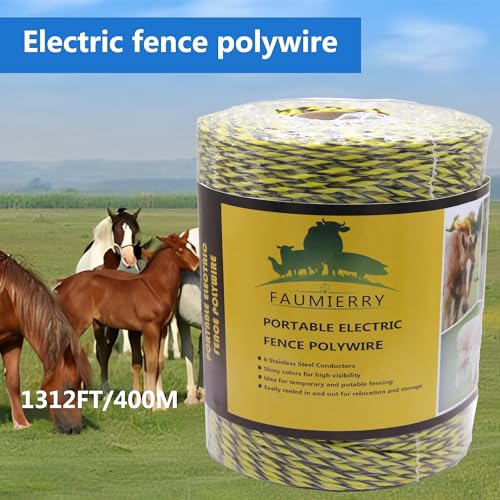 Portable Electric Fence Poly Wire 1312 Feet 400 Meters, 6 Stainless Steel Conductors for Reliable Conductivity, UV Treatment, Rust Resistance - Yellow & Black - size: 1312ft