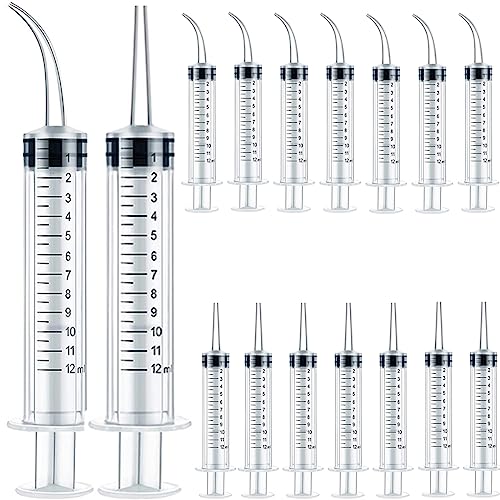 TIHOOD 16PCS 12ml/cc Plastic Syringes Set, Syringe with Curved Tip and Straight Tip, Disposable Irrigation Syringe Mouthwash Cleaner for Oral Care, Animal Feeding, with Measurement