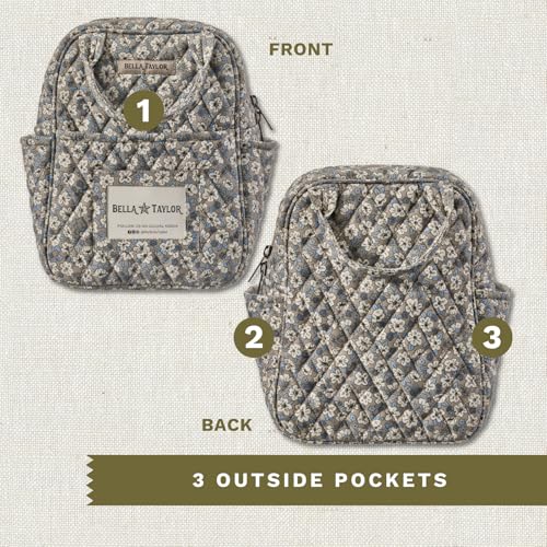 Bella Taylor Lunch Tote, Quilted Lunch Bag, Khaki Floral | Lightweight quilted cotton lunch box, easy-to-clean PEVA lining, 3 outside/1 inside pocket, durable construction - color: Khaki Floral