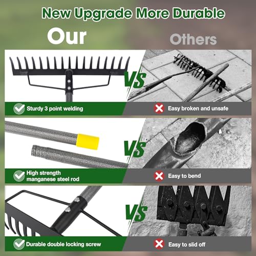 Heavy Duty Metal Bow Rake for Lawn , 17 Steel Tines Garden Rake | 17 Inch Wide, 35"-67" Adjustable Long Handle, Ideal Garden Tool for Soil Leveling, Leaf Gathering & Lawn Care