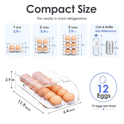SMRCAD 12-Egg Dispenser with Silicone Bumpers, Auto-Rolling, Stackable | BPA-free food-grade PET | Stackable with lid | Built-in handle | Fits Large to Jumbo Eggs | Hand wash only - size: 1 Layer Holder 12 Eggs(M SIZE)