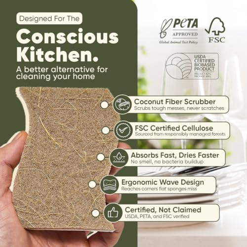 Plant-Based Kitchen Sponges (12 Pack) | USDA Biobased Certified | FSC & PETA Approved | Natural Cellulose & Coconut Scrubber Sponge | S-Shaped Design | Eco-Friendly, Non-Scratch, Non-Toxic & Vegan - size: 12 Pack