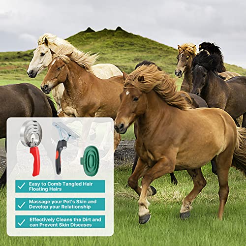 3 Pcs Reversible Stainless Steel Curry Comb 5 Rings, Aemygo Double Sided Horse Grooming Brush, Scotch Type Metal Dog Brush Large Rubber Hair Remover Comb, Soft Touch Grip Scraper for Cow Sheep Dog