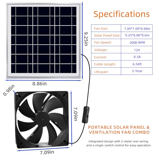 Solar Powered Fan Kit 7 inch Solar Fan for Chicken Coop, Shed, Greenhouse, Outside, Solar Exhaust Fans Solar Panel Fan for Dog Pet Houses